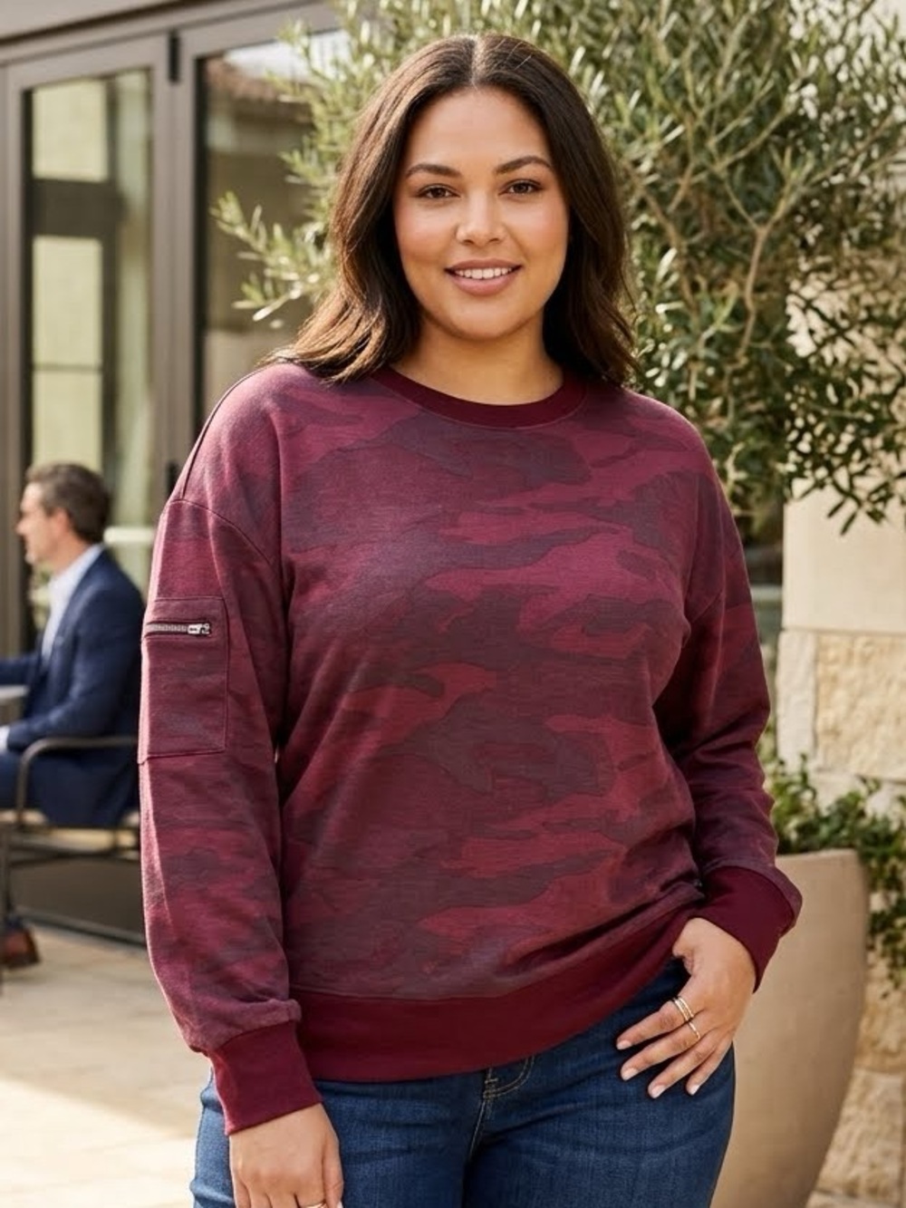 Nine West Active Burgundy Camo Crewneck Sweatshirt Size 1X